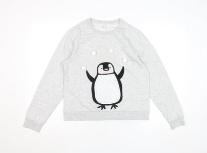 Additional front view of Debenhams girls’ grey penguin pullover sweatshirt, size 12, years