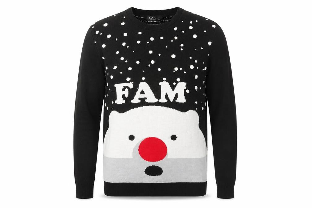 boohooMAN Men's Black Medium Christmas Polar Bear Knit Jumper