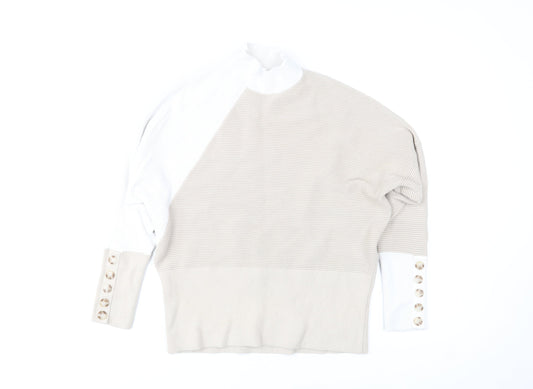 Mint Velvet Women's Beige White Mock Neck Button Sleeve Jumper Size M