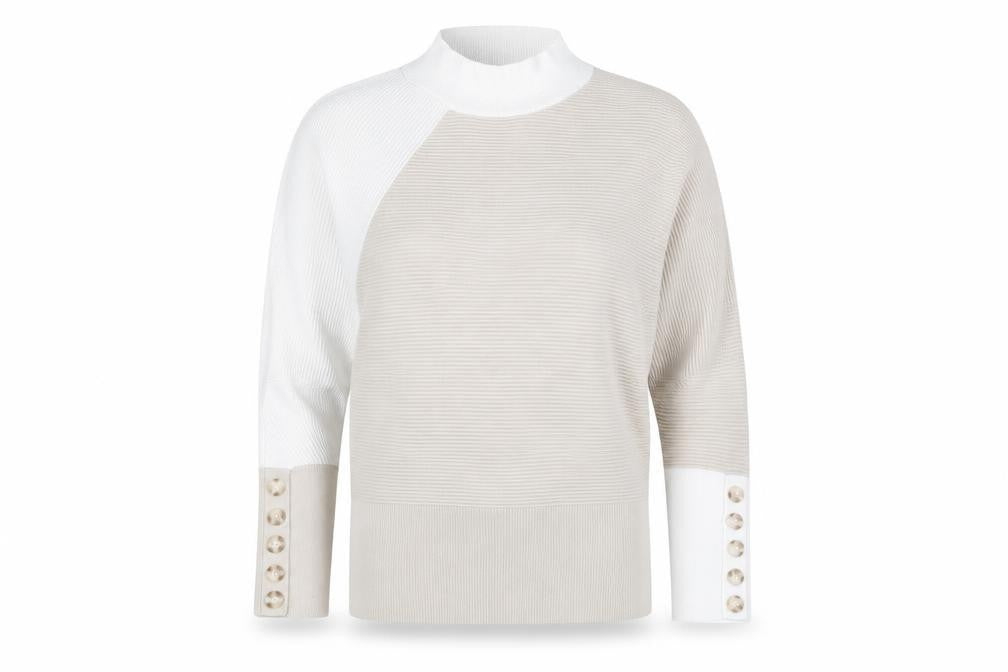 Mint Velvet Women's Beige White Mock Neck Button Sleeve Jumper Size M