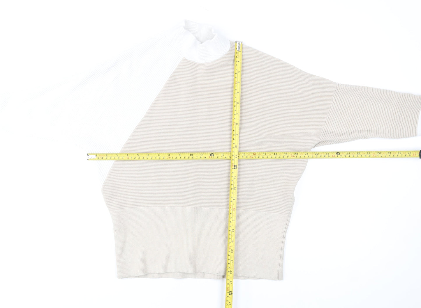 Mint Velvet Women's Beige White Mock Neck Button Sleeve Jumper Size M