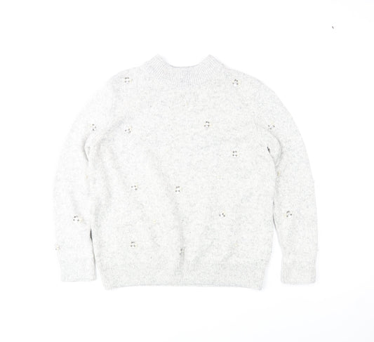 Marks and Spencer Women Grey Mock Neck Beaded Wool Blend Jumper Size 14