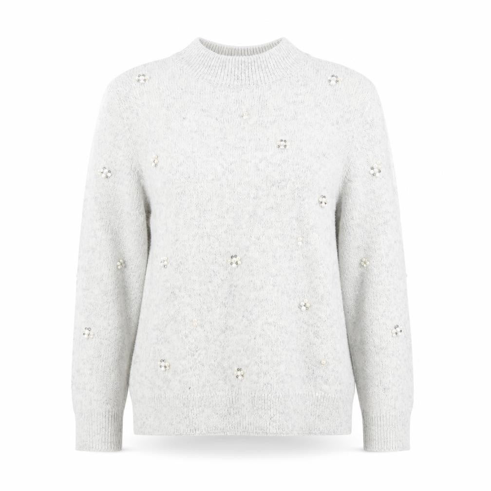 Marks & Spencer Women Grey Mock Neck Beaded Wool Blend Jumper Size 14