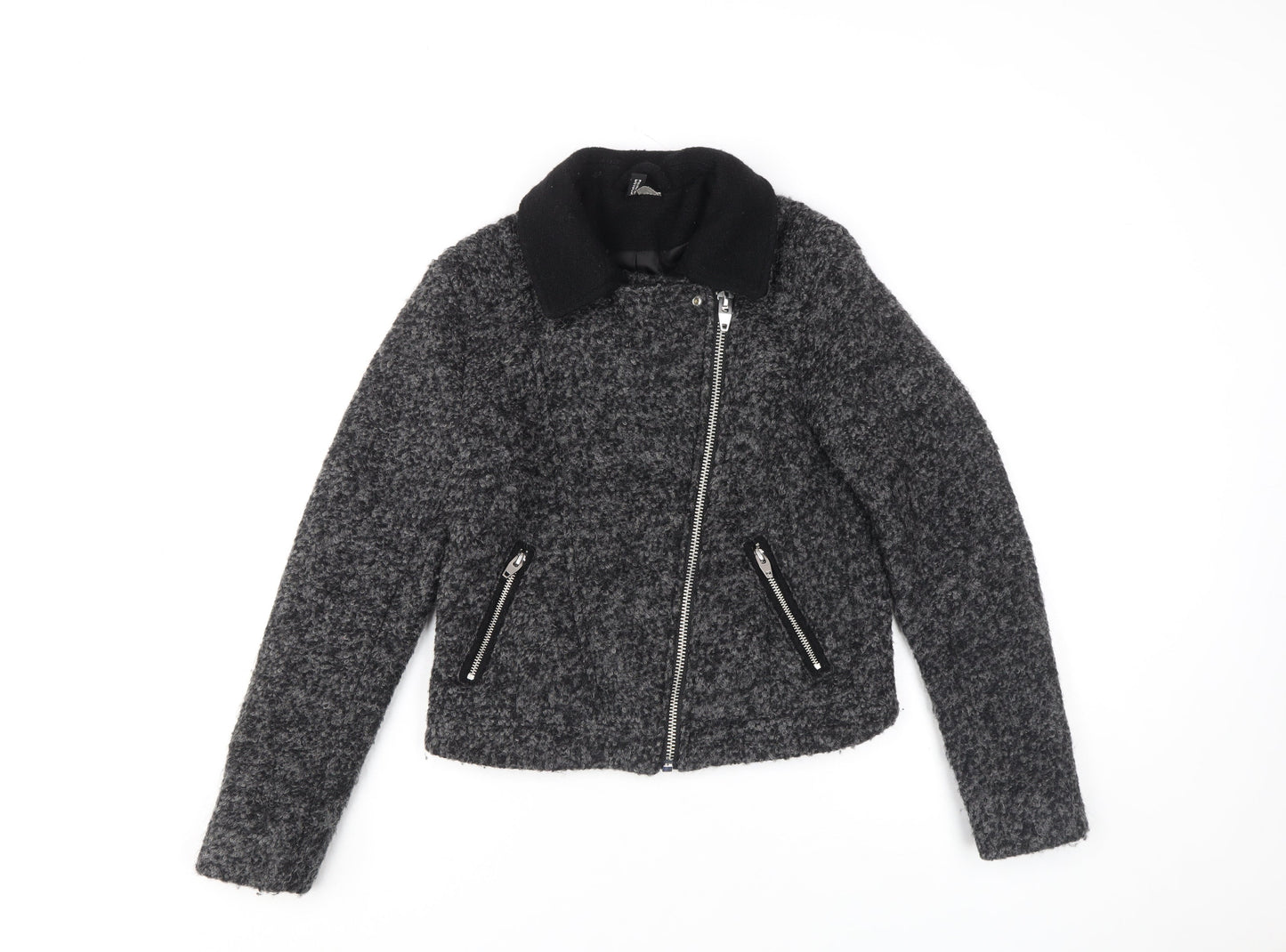 H&M Women Grey Wool Blend Biker Jacket Size 8 Zip Pockets Lined