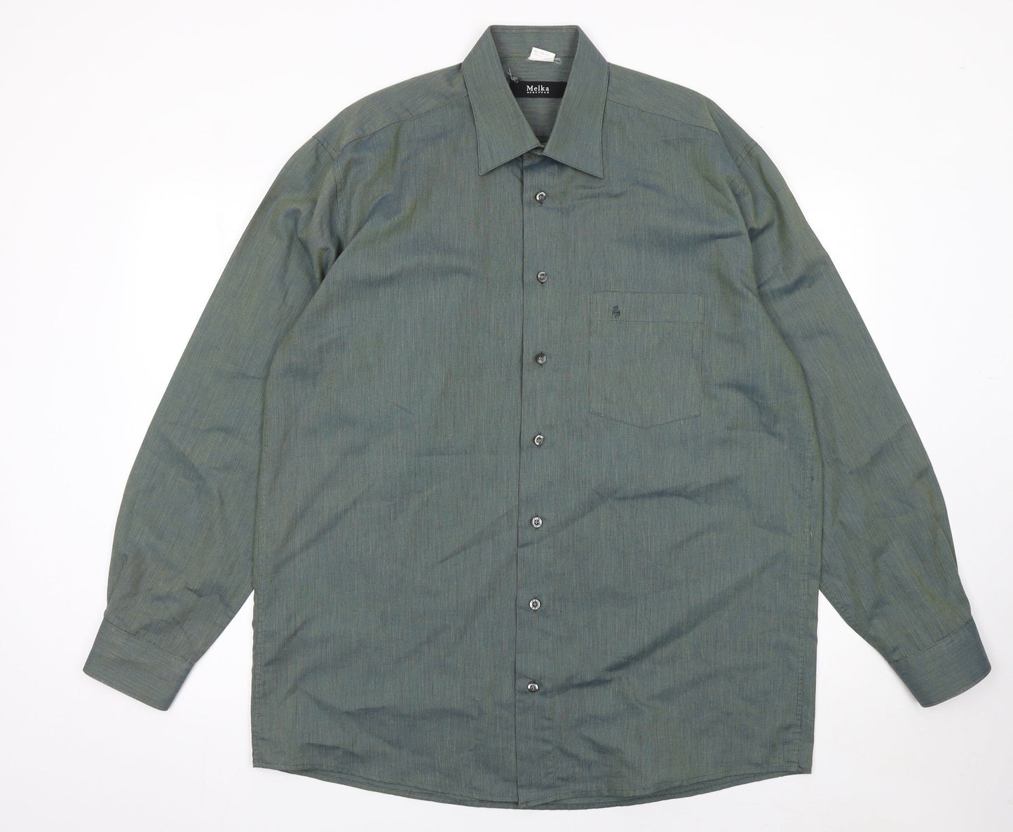 Melka Mens Green Cotton Blend Long Sleeve Button-Up Shirt 16.5in