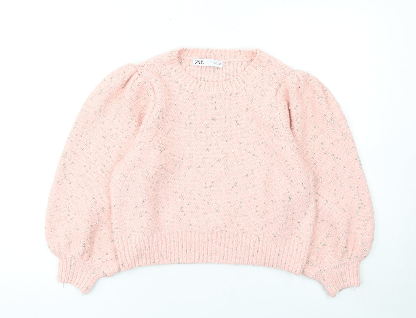 Zara Women Pink Puff Sleeve Metallic Knit Pullover Jumper Size M