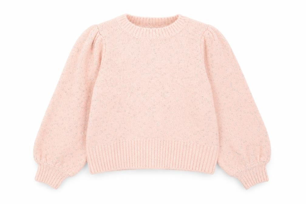 Zara Women Pink Puff Sleeve Metallic Knit Pullover Jumper Size M