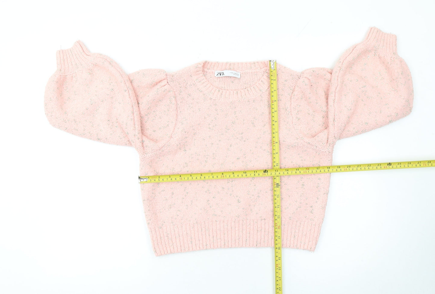 Zara Women Pink Puff Sleeve Metallic Knit Pullover Jumper Size M