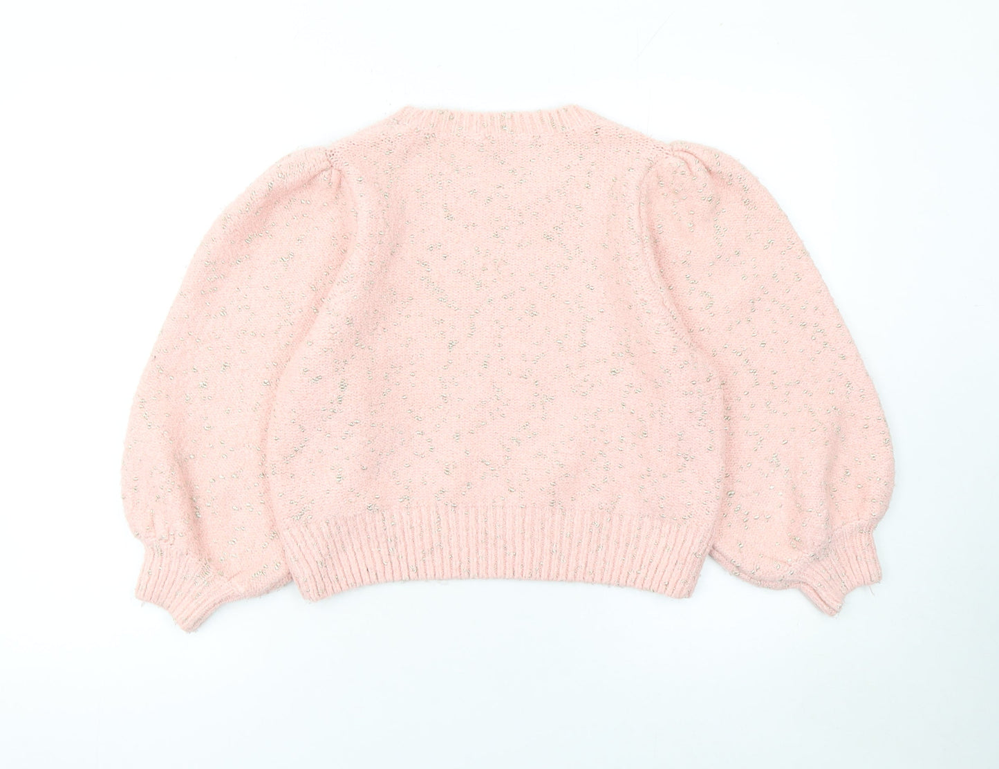Zara Women Pink Puff Sleeve Metallic Knit Pullover Jumper Size M