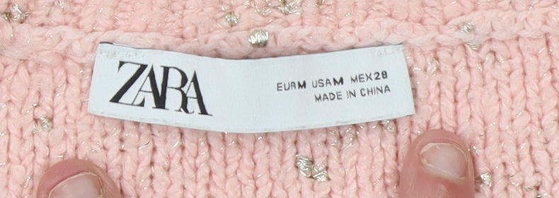 Zara Women Pink Puff Sleeve Metallic Knit Pullover Jumper Size M