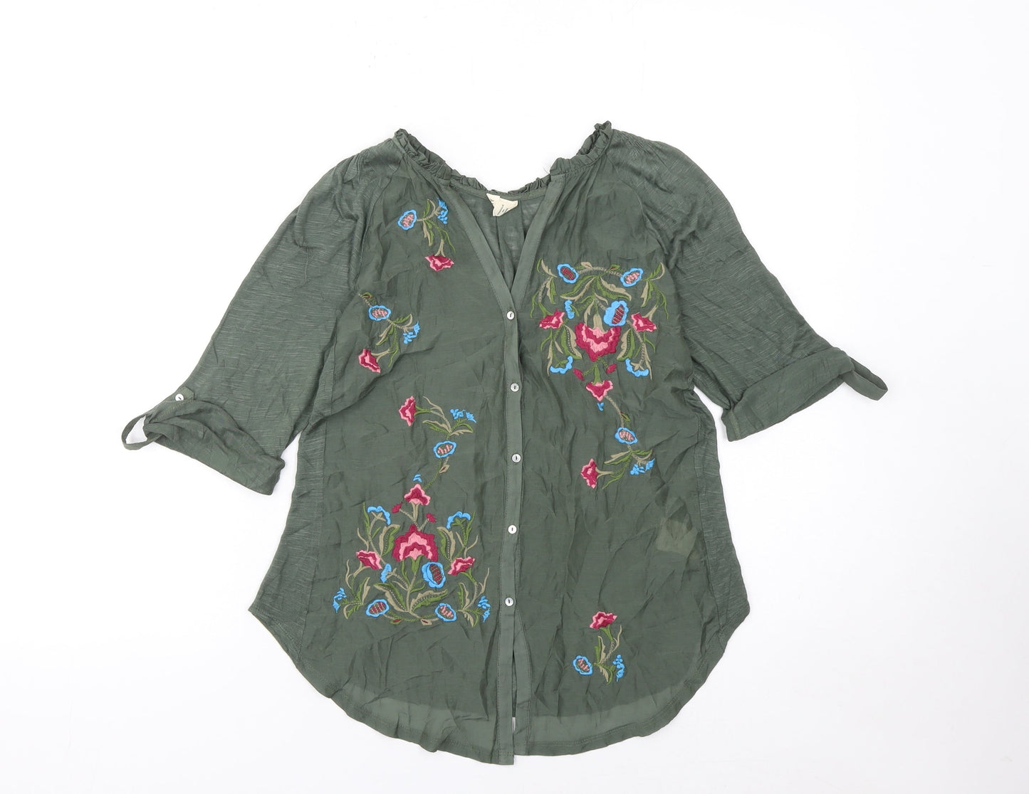 Tiny Women's Green Embroidered Bohemian Button 3/4 Sleeve Blouse XS