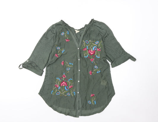 Tiny Women's Green Embroidered Bohemian Button 3/4 Sleeve Blouse XS