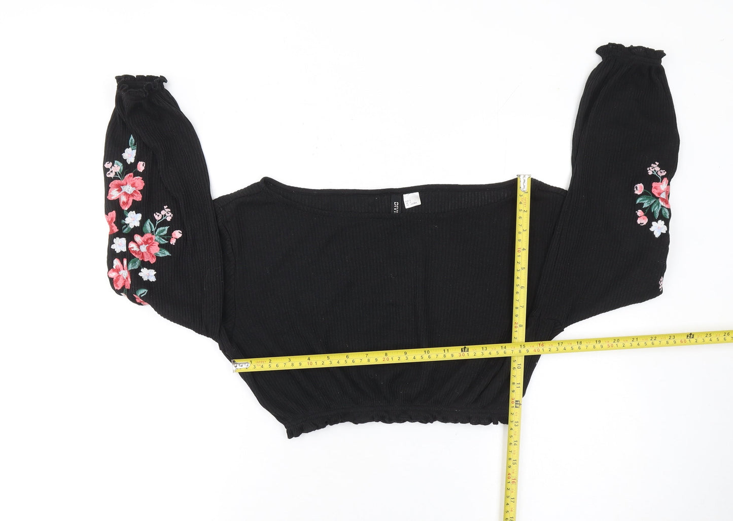 H&M Divided Black Floral Embroidered Cropped Knit Blouse Women’s S