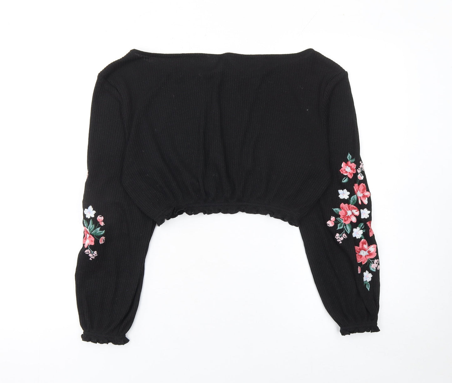 H&M Divided Black Floral Embroidered Cropped Knit Blouse Women’s S