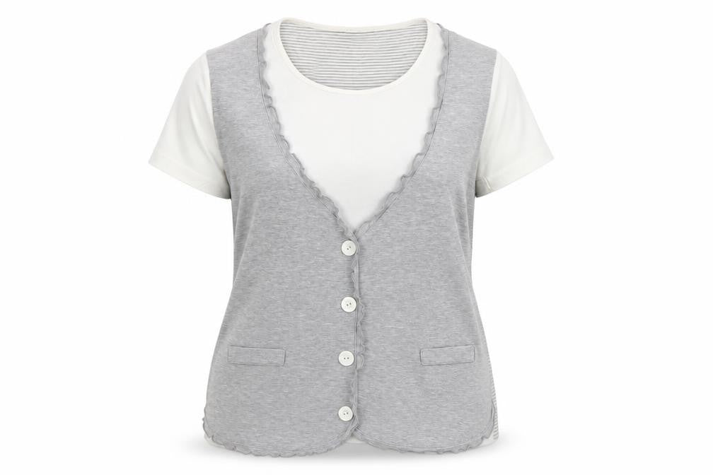 M&Co Women’s Grey Striped Button V-Neck Jersey T-Shirt XL