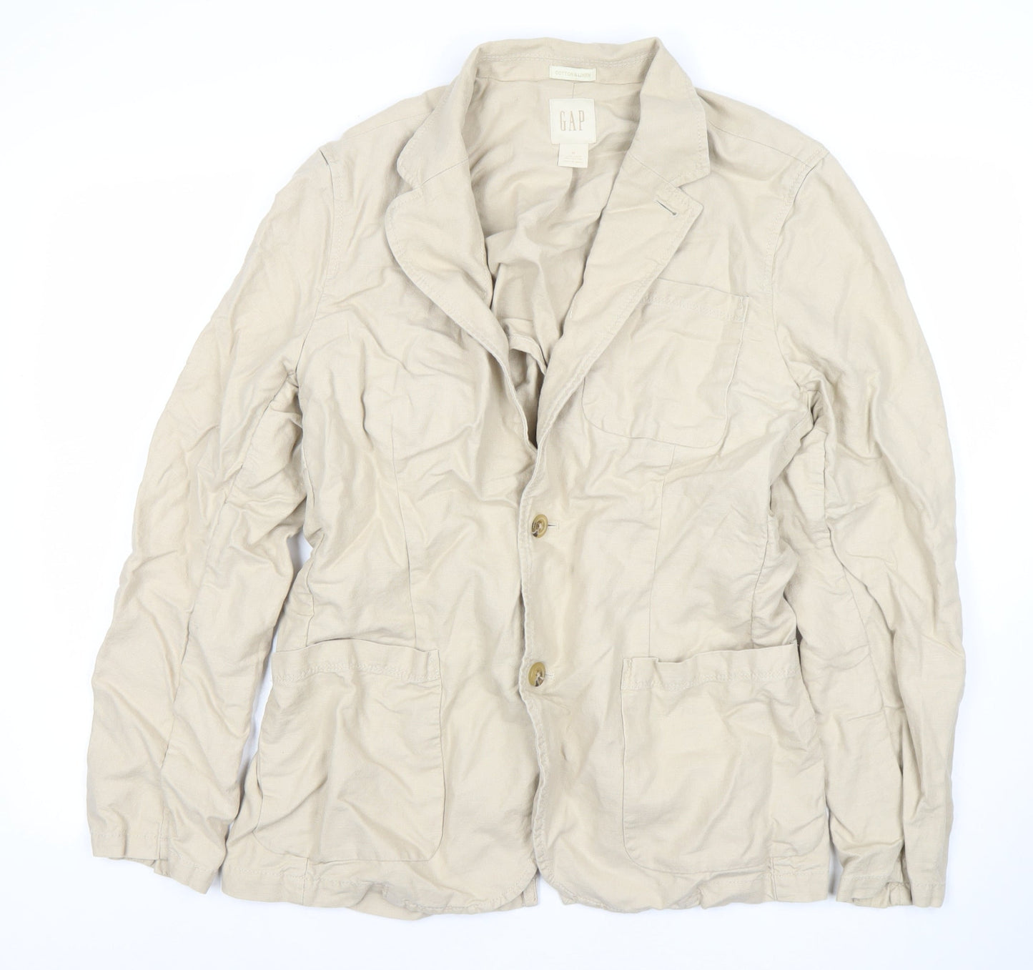 GAP Women Beige Linen Cotton Two-Button Blazer Size M