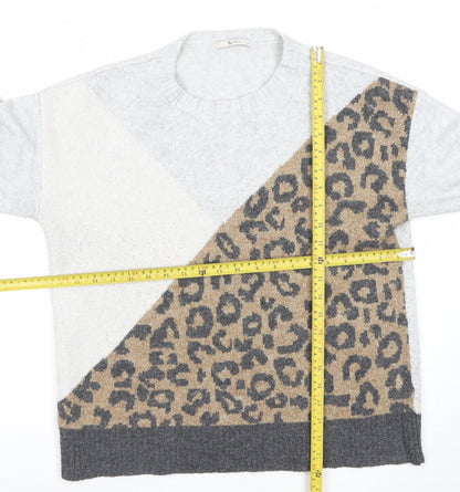Tu Womens Grey Leopard Print Crew Neck Knitted Jumper Medium