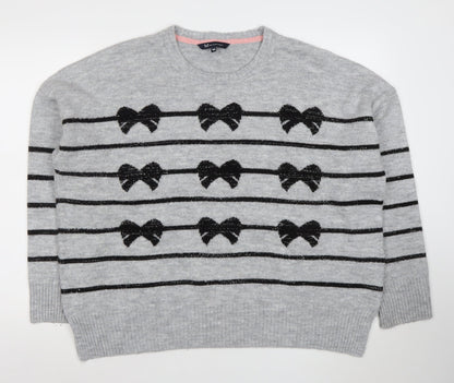 Additional front view of Crew Clothing girls’ grey bow stripe knit jumper, size 16, years