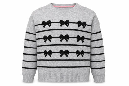 Front view of Crew Clothing girls’ grey bow stripe knit jumper, size 16, years