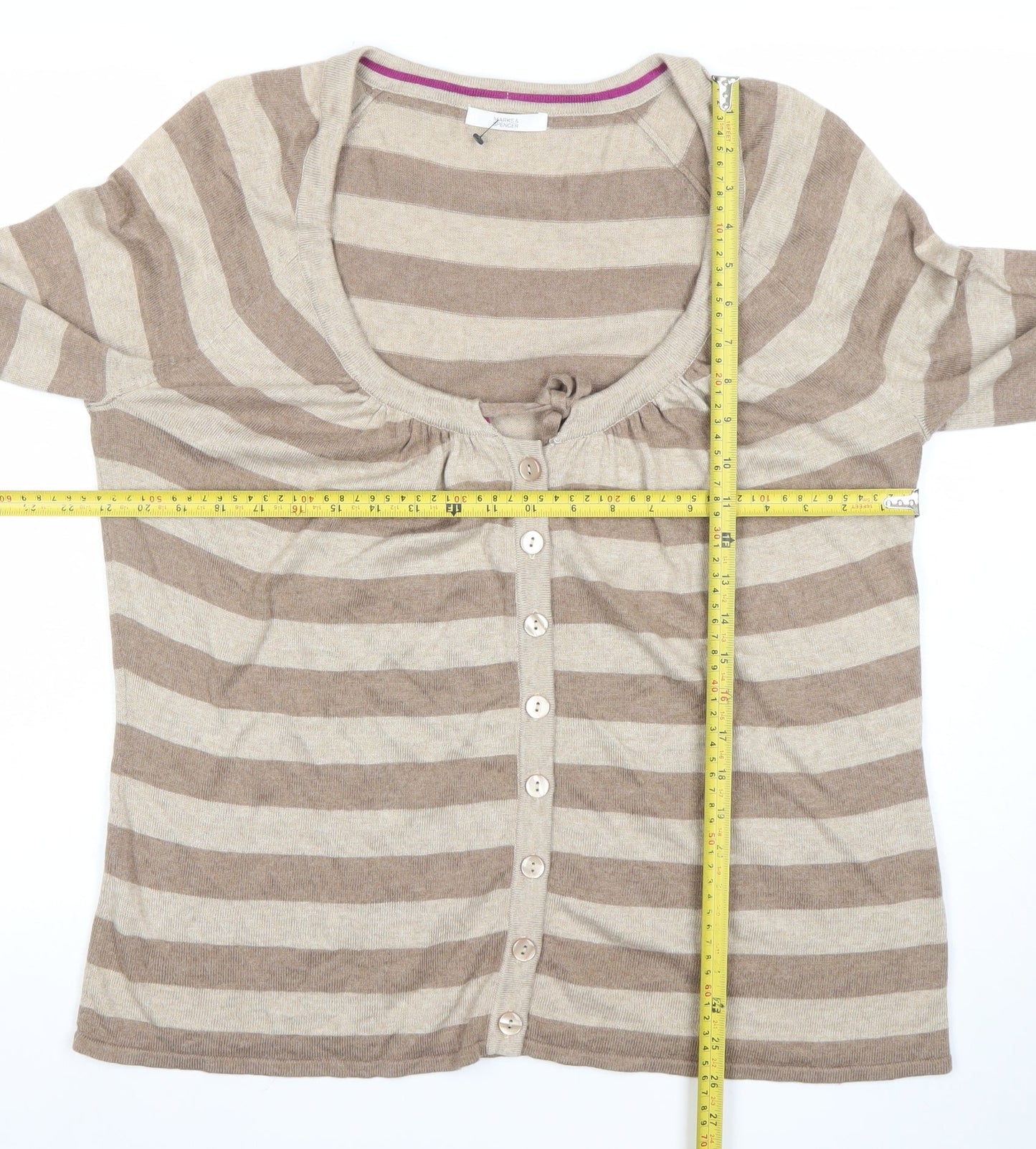 Marks and Spencer Women’s Beige Striped Scoop Neck Cardigan Size 18