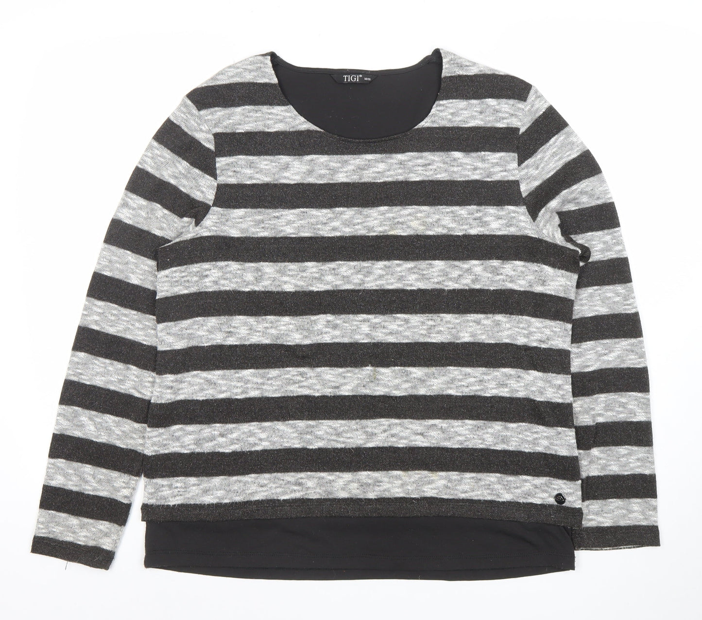 TIGI Women’s Grey Striped Pullover Jumper Size 14 Long Sleeve Knit