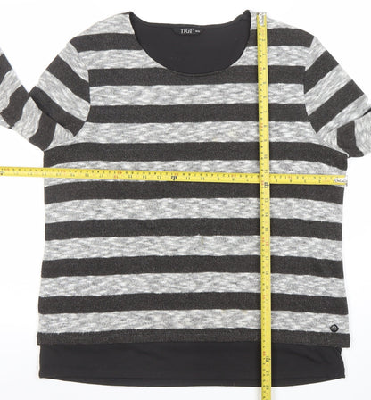 TIGI Women’s Grey Striped Pullover Jumper Size 14 Long Sleeve Knit