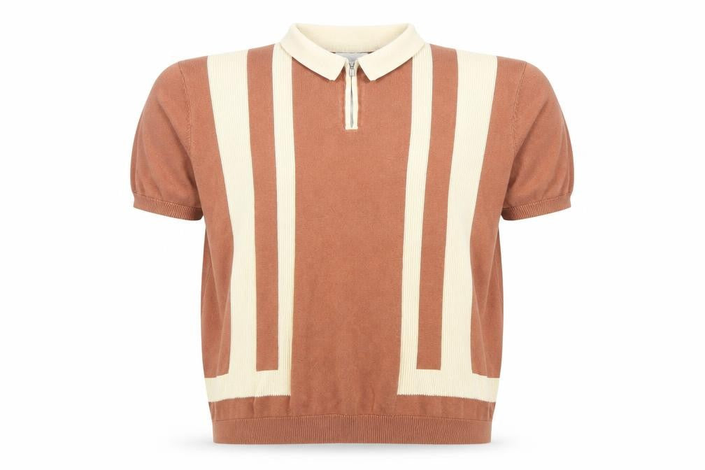 Easy Men's Brown Retro Striped Collared Polo Shirt Size L Cotton Zip Neck
