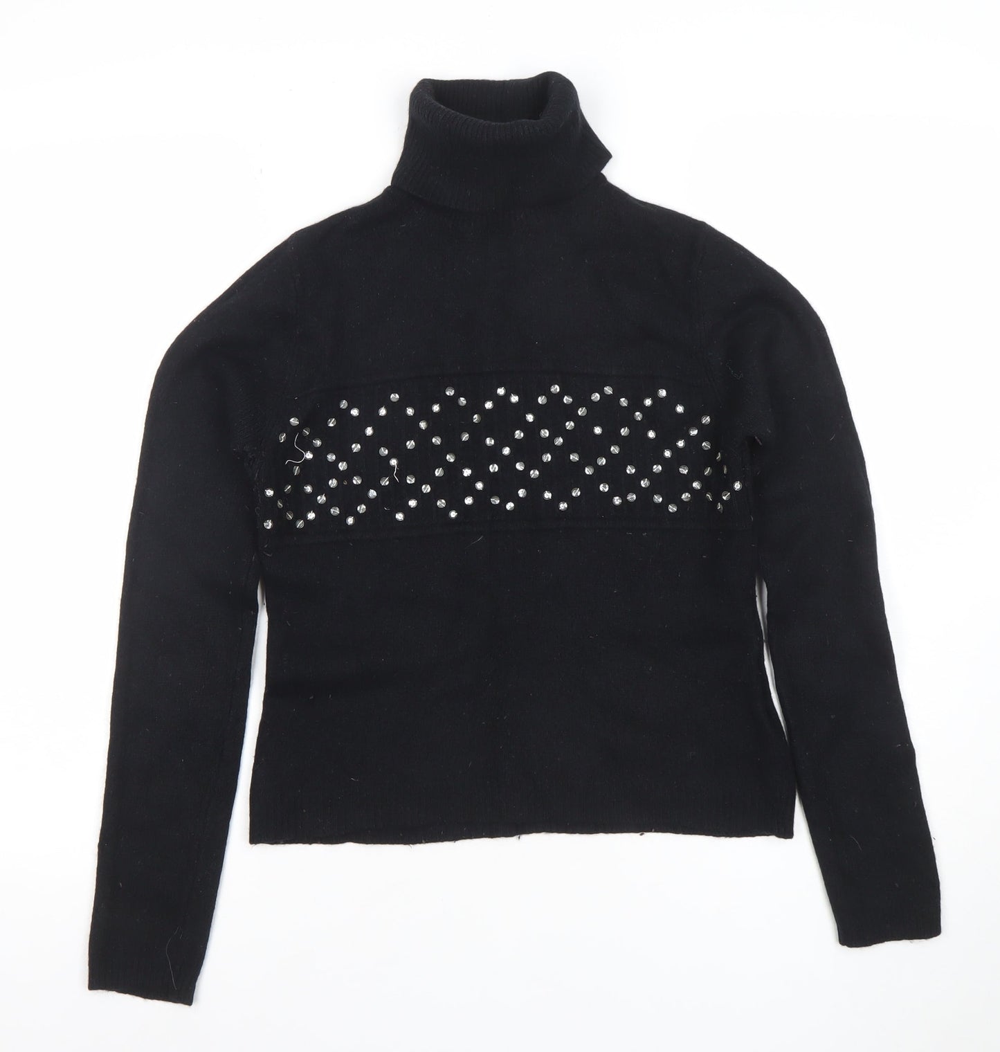 Topshop Women Black Roll Neck Beaded Lambswool Jumper Size 14