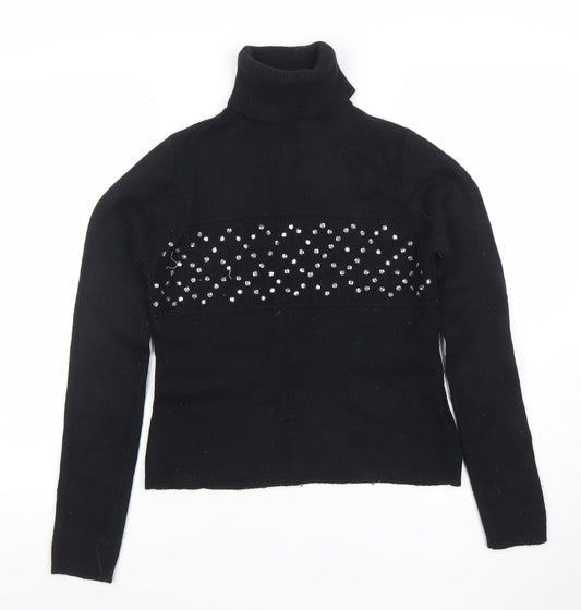 Topshop Women Black Roll Neck Beaded Lambswool Jumper Size 14