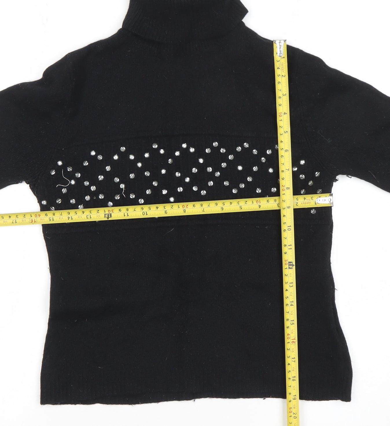 Topshop Women Black Roll Neck Beaded Lambswool Jumper Size 14
