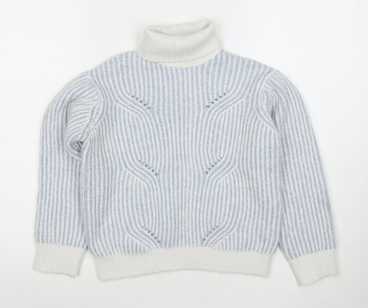 Marks and Spencer Girls Blue Striped Roll Neck Wool Blend Jumper 10 Years