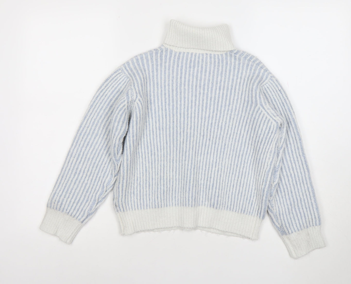 Marks and Spencer Girls Blue Striped Roll Neck Wool Blend Jumper 10 Years