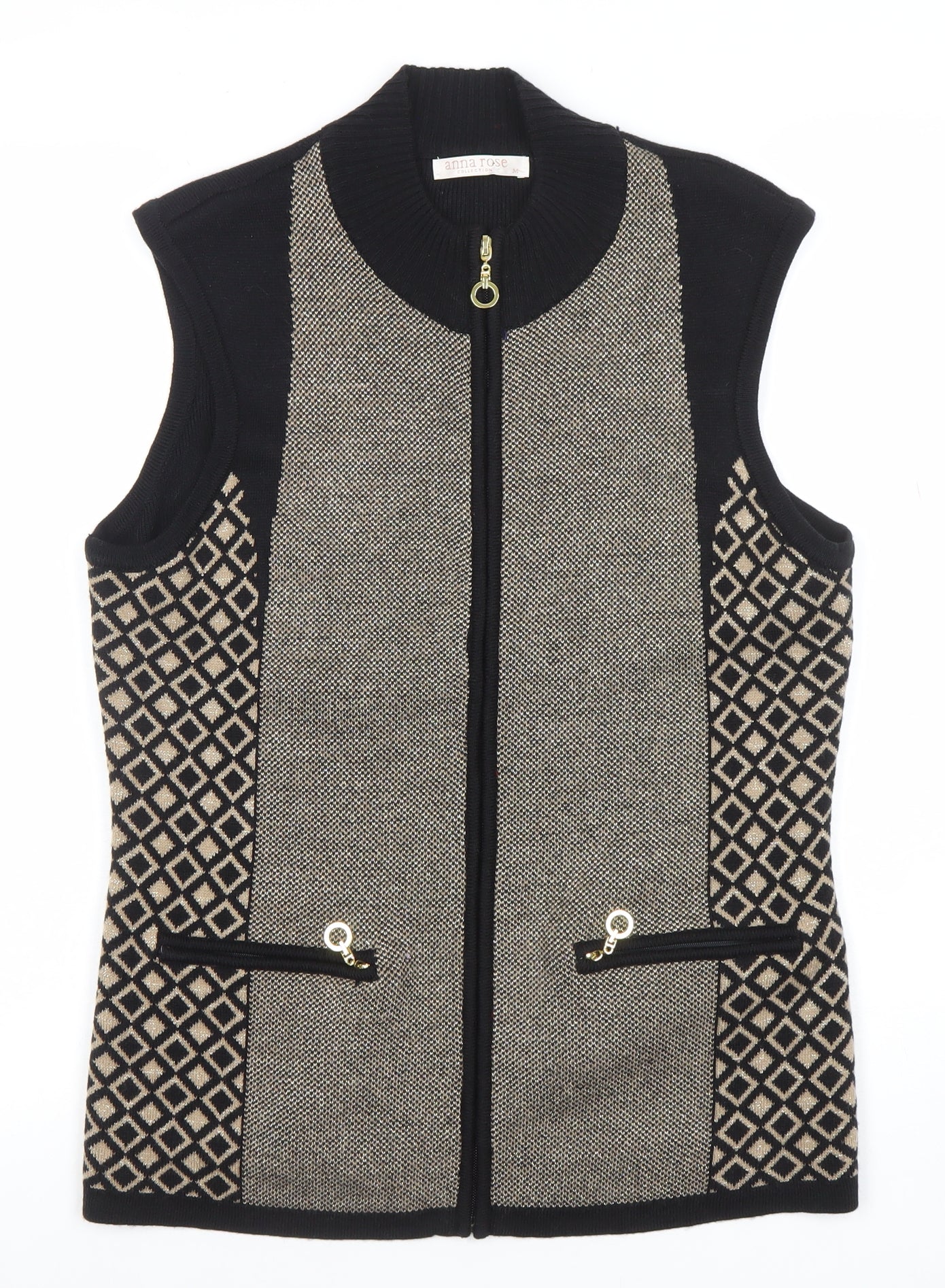 Anna Rose Women Black Waistcoat M Acrylic Knit Zip Front Patterned Vest