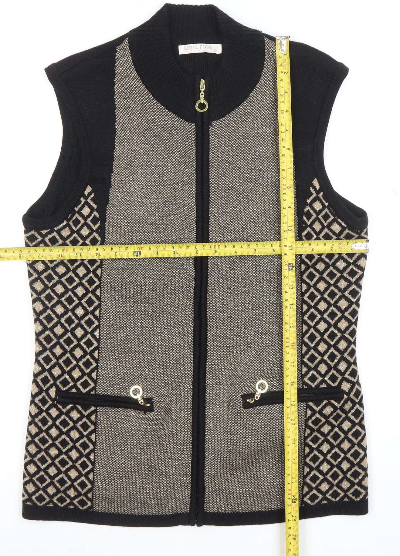 Anna Rose Women Black Waistcoat M Acrylic Knit Zip Front Patterned Vest