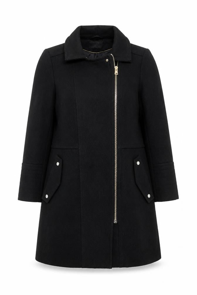 Wallis Women Black Wool Blend Mid-Length Zip Coat Size 14