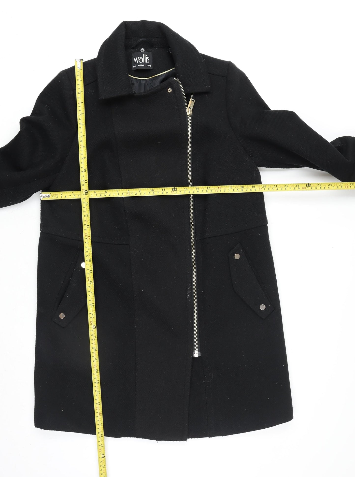 Wallis Women Black Wool Blend Mid-Length Zip Coat Size 14
