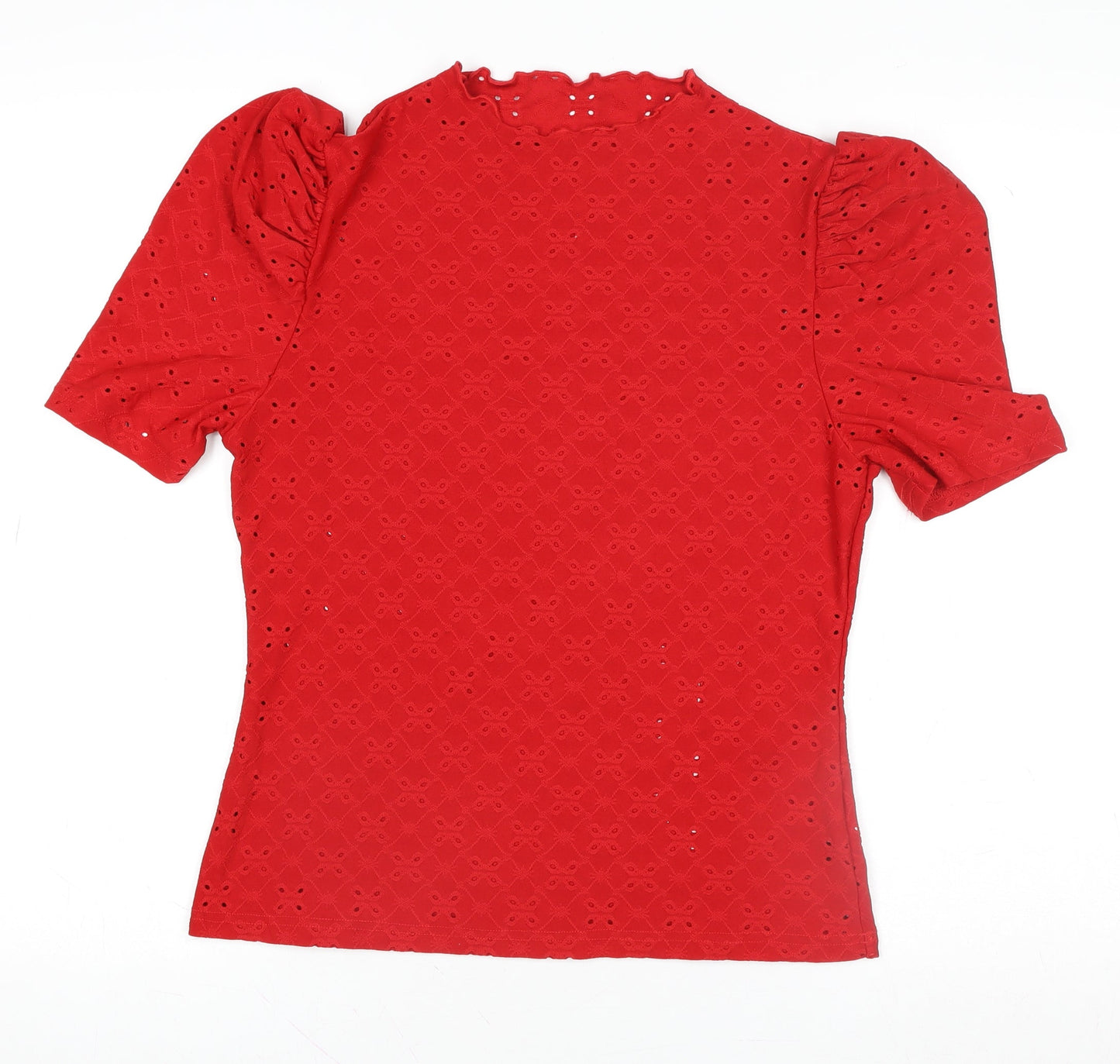 Emery Rose Women's Red Eyelet Puff Sleeve High Neck Blouse XL