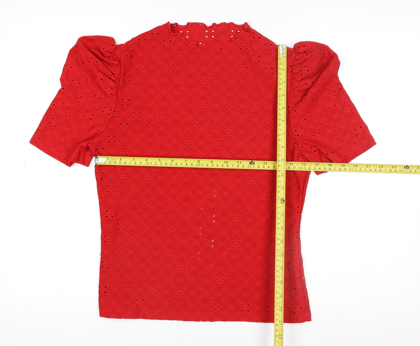 Emery Rose Women's Red Eyelet Puff Sleeve High Neck Blouse XL