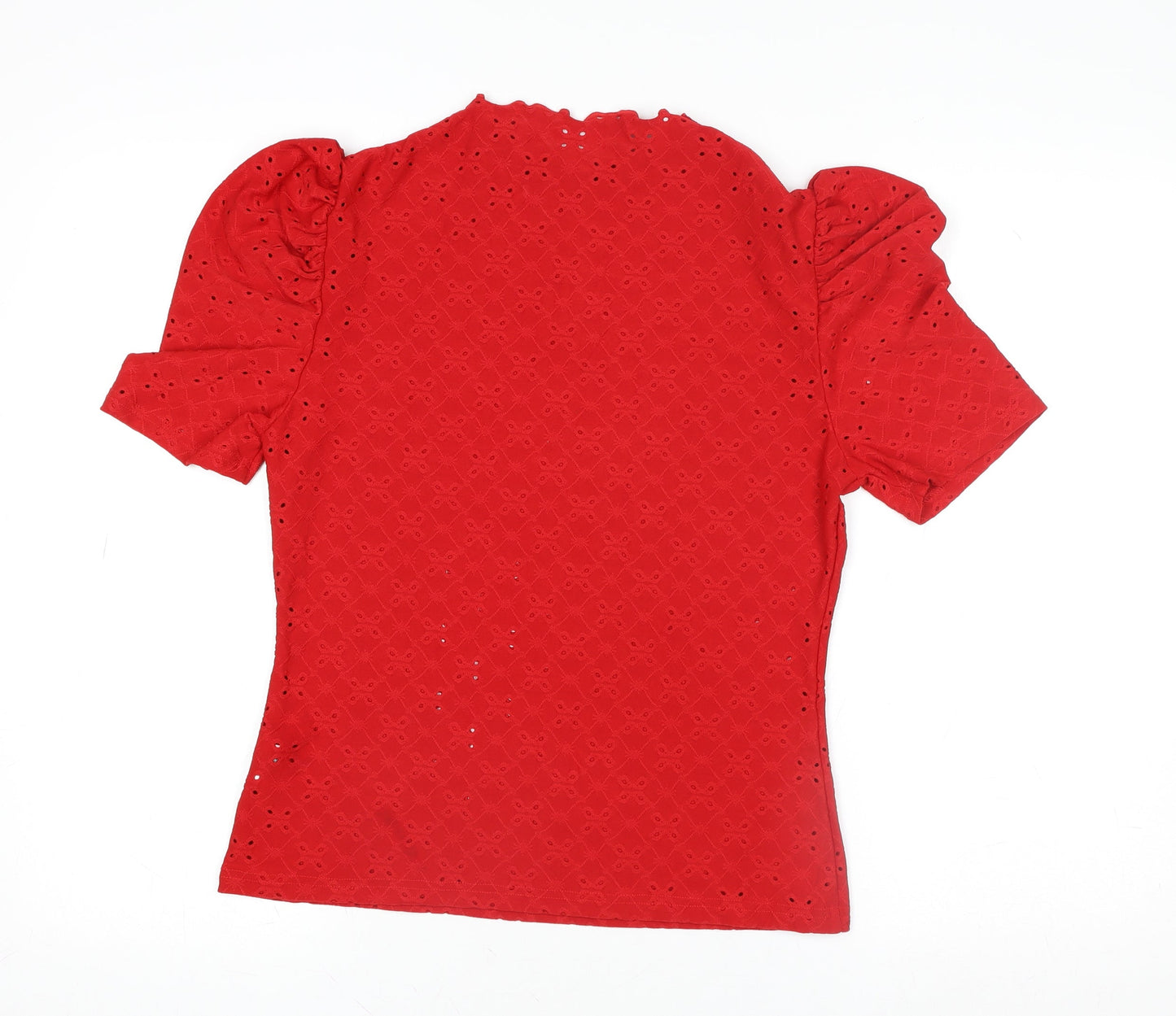 Emery Rose Women's Red Eyelet Puff Sleeve High Neck Blouse XL