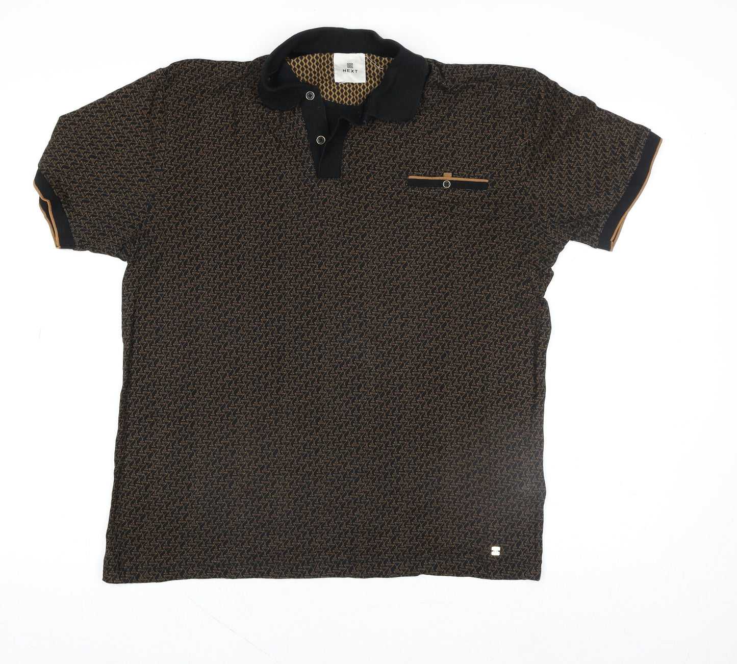 Next Men's Brown Geometric Short Sleeve Cotton Polo Shirt Size M