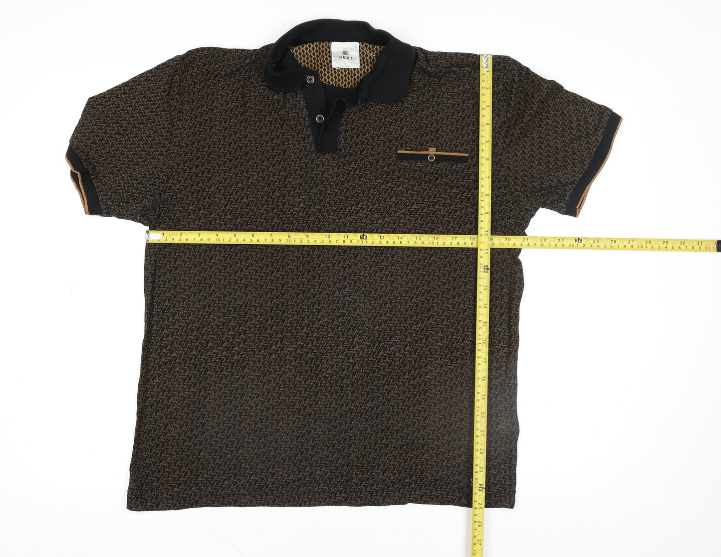 Next Men's Brown Geometric Short Sleeve Cotton Polo Shirt Size M
