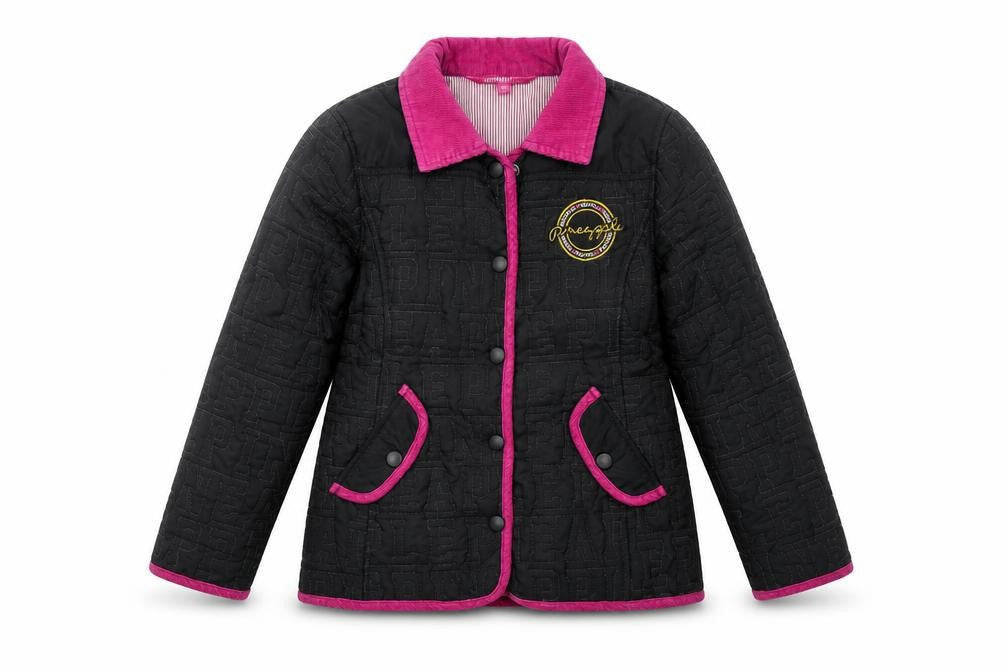 Pineapple Girls Black Quilted Jacket Age 6-7 Years Pink Trim Logo Design