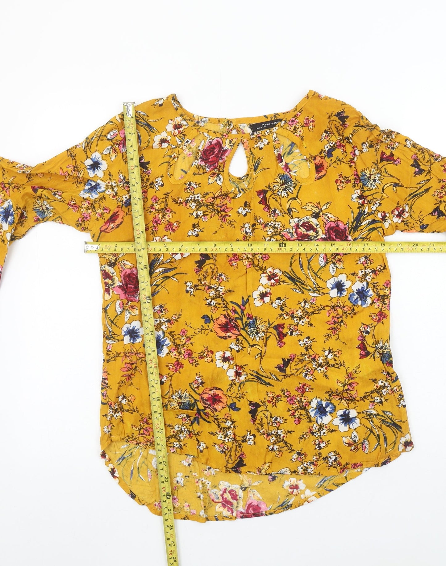 Zara Basic Womens Yellow Floral Bell Sleeve Tunic Blouse Size L