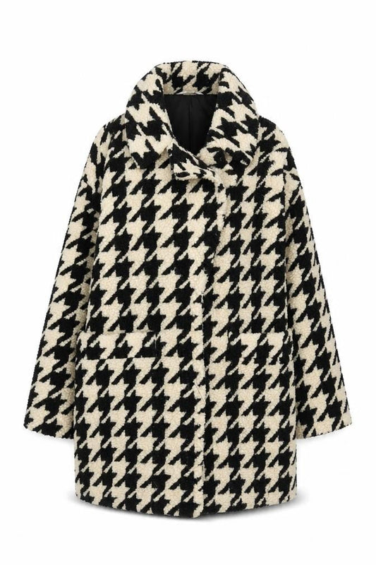 Front view of Red Herring women’s black houndstooth coat, size UK 10, lined overcoat