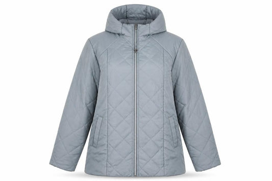 Front view of Anne De Lançay Women's Grey Quilted Hooded Puffer Coat M