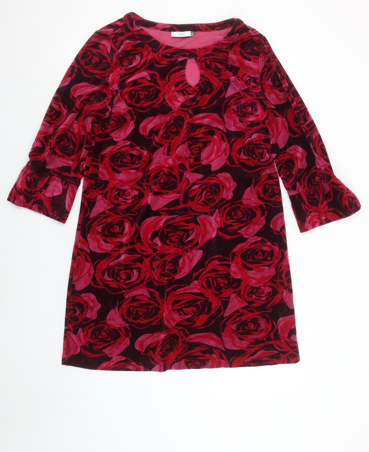 Adini Women Red Floral Velvet Shift Dress Size M 3/4 Sleeve