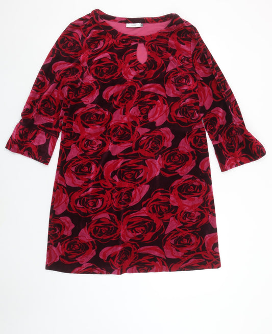 Adini Women Red Floral Velvet Shift Dress Size M 3/4 Sleeve