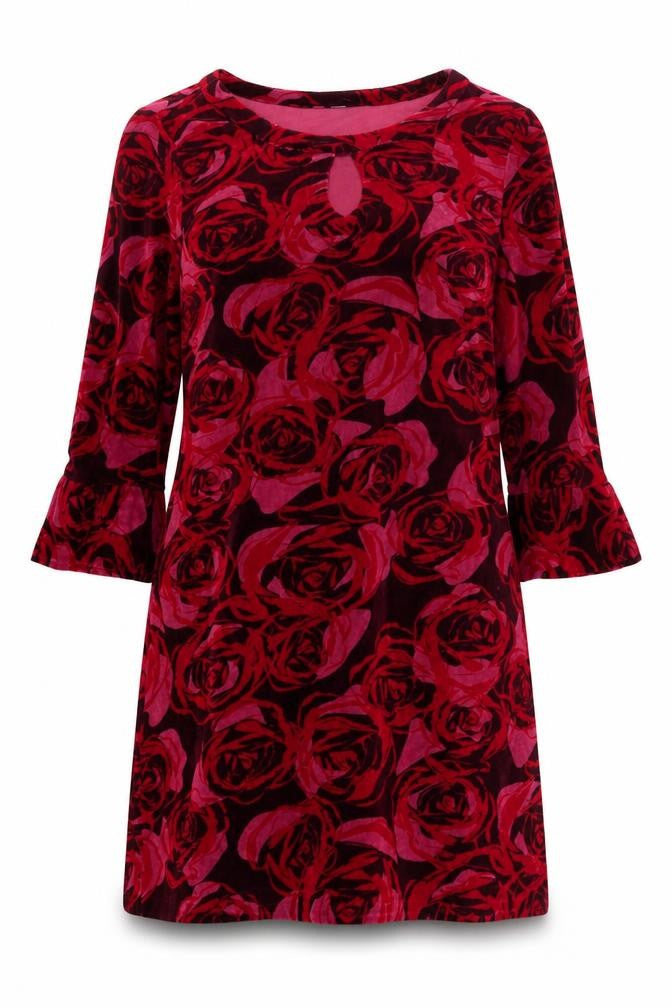 Adini Women Red Floral Velvet Shift Dress Size M 3/4 Sleeve