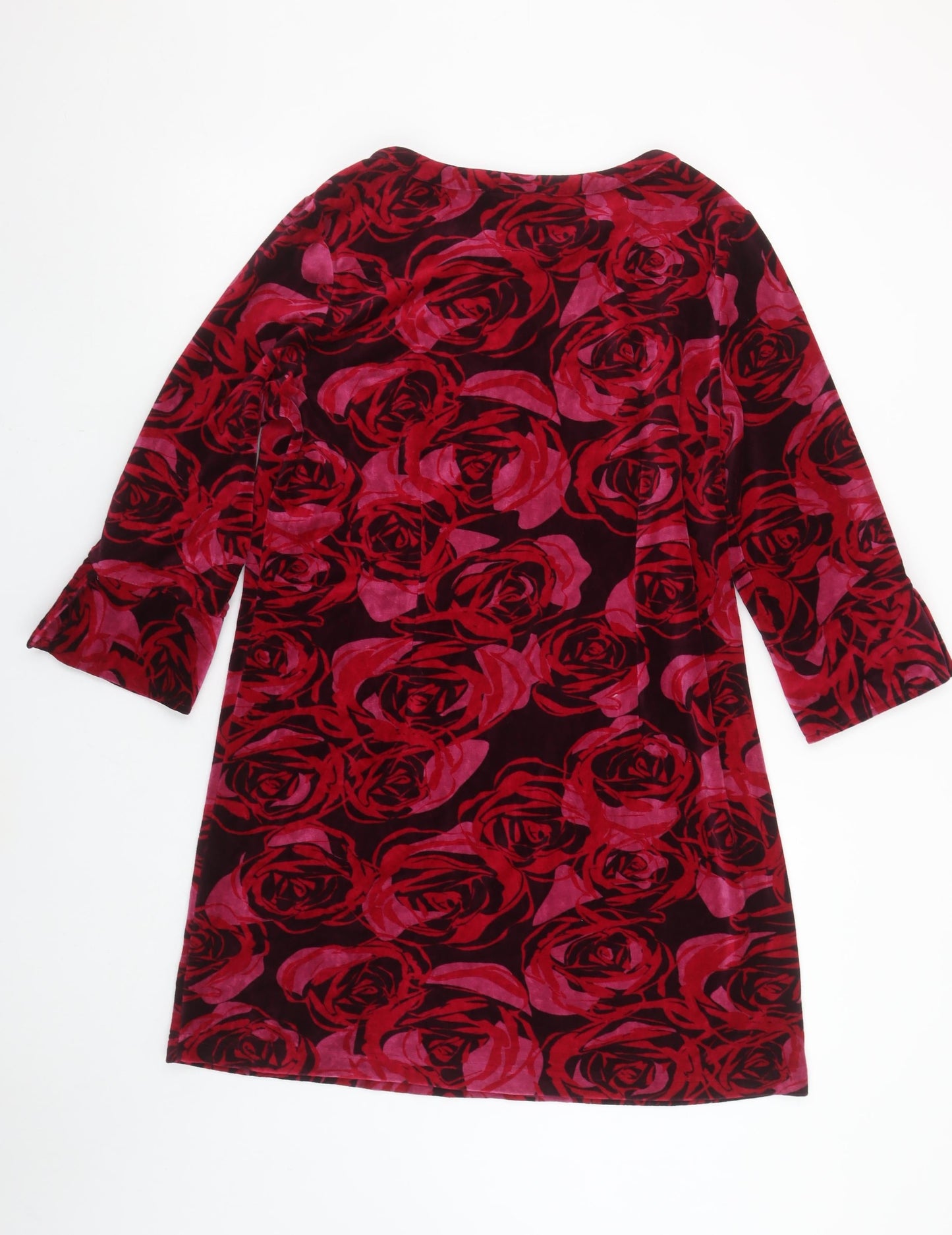 Adini Women Red Floral Velvet Shift Dress Size M 3/4 Sleeve