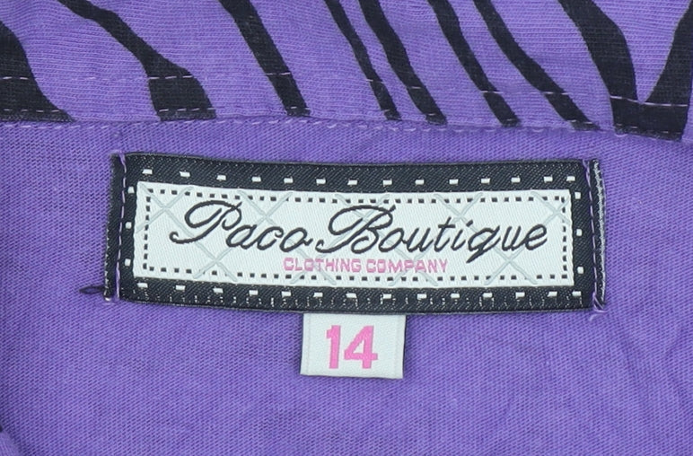 Paco Boutique Womens Purple Black Animal Print Cotton Button-Up Top Size 14